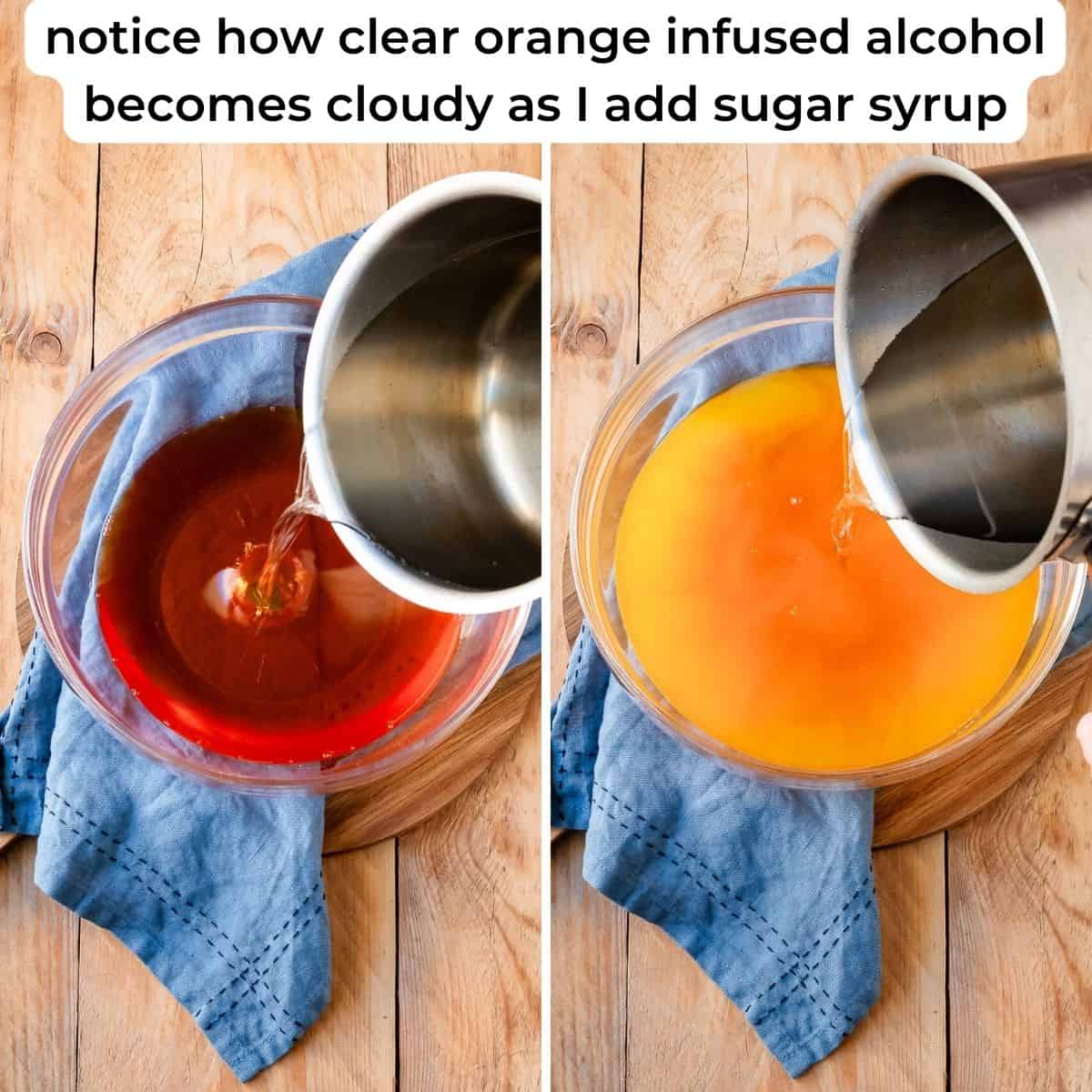 Showing how clear orangecello turns into cloudy.