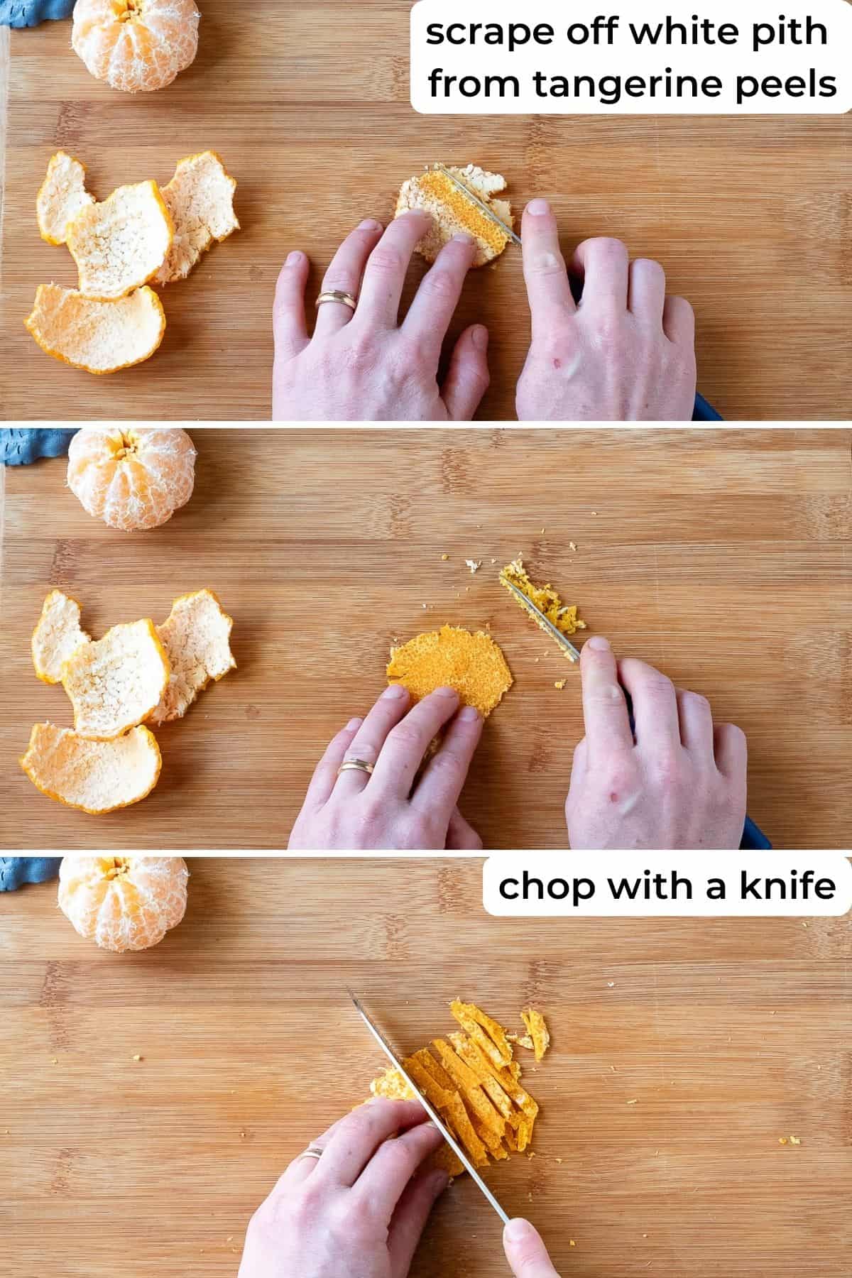 Scrubbing off white pith from mandarin peels.