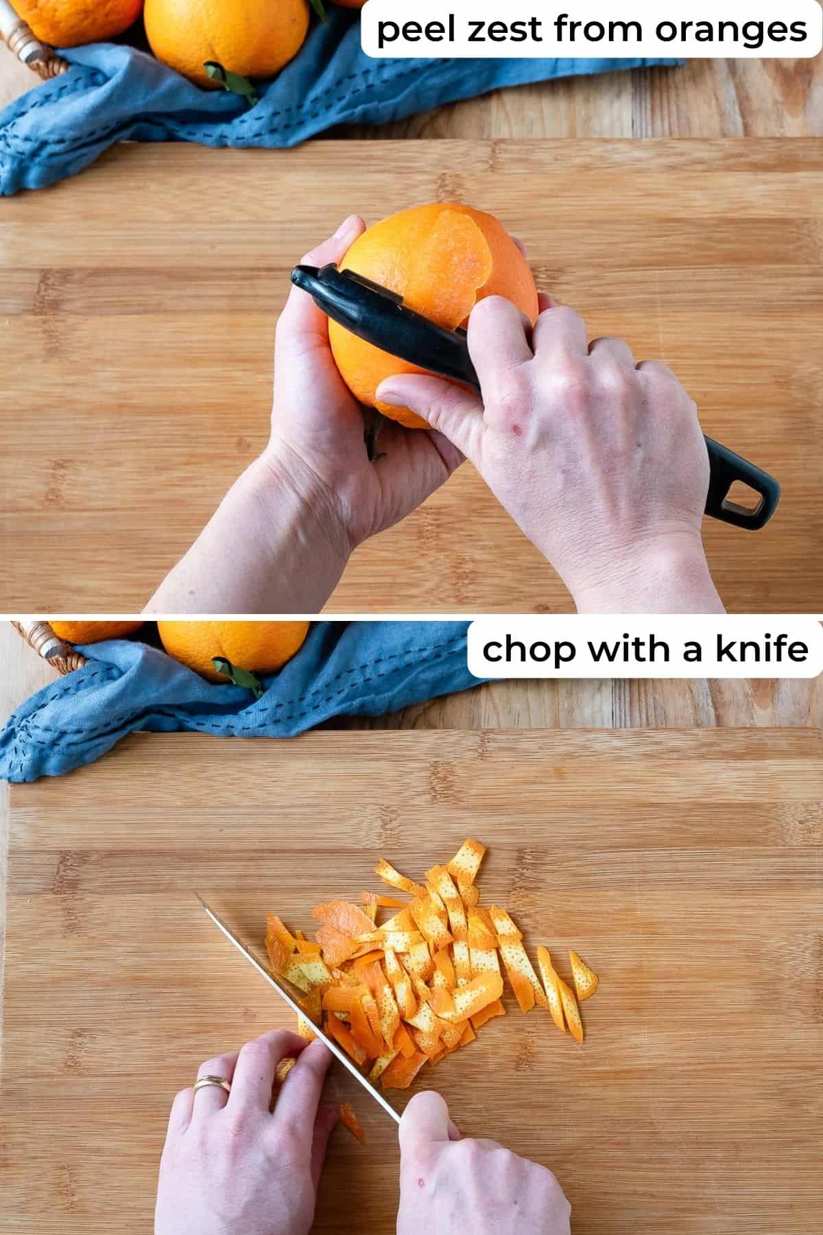 Peel orange zest with vegetable peeler.