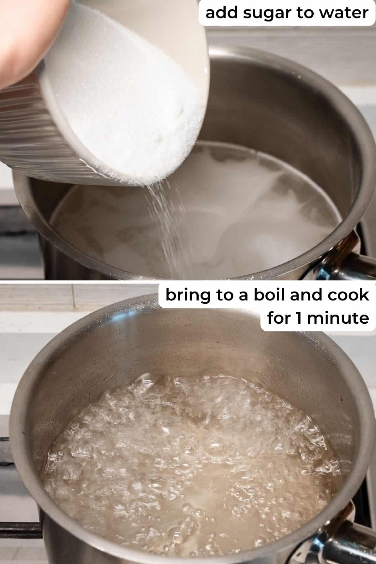 Preparing sugar syrup on a stove top.