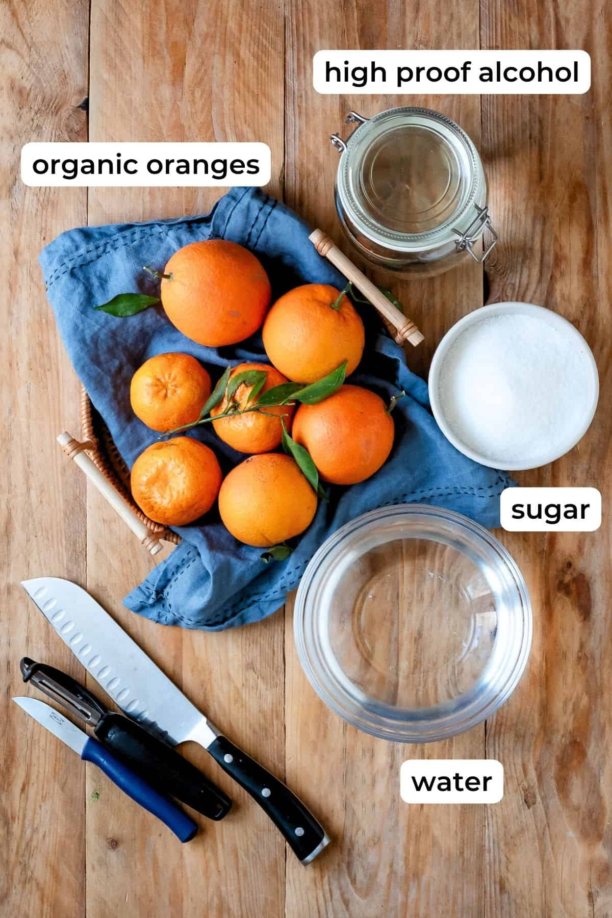 Ingredients needed to make orangecello.