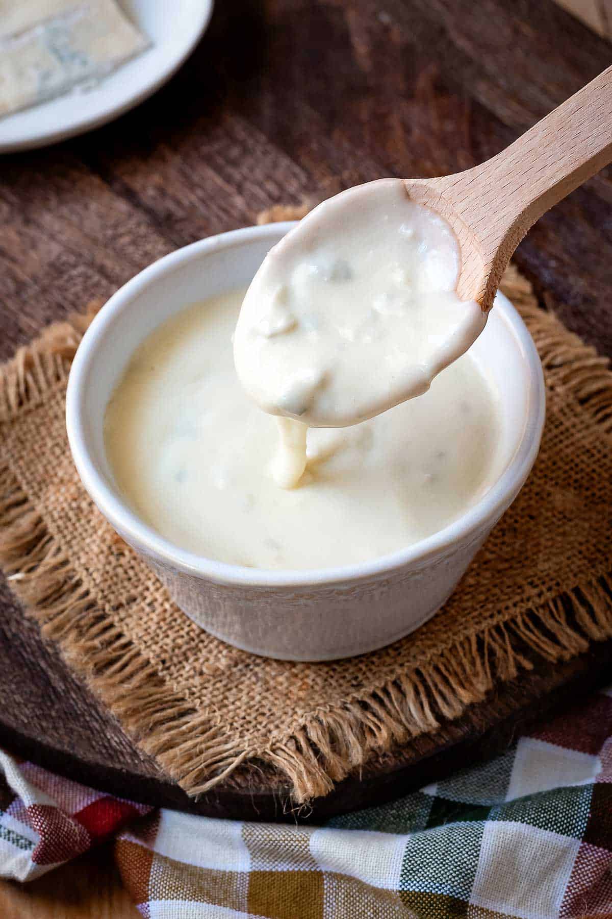 Super creamy gorgonzola sauce in a small serving dish.