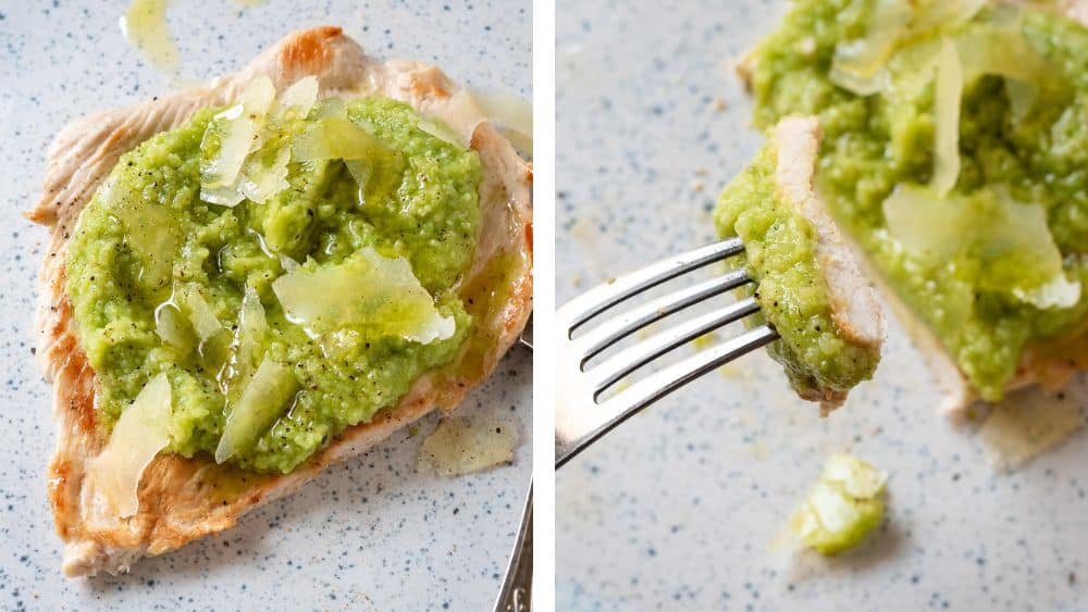 Chicken cutlet topped with fava bean pesto and shaved Parmesan cheese.