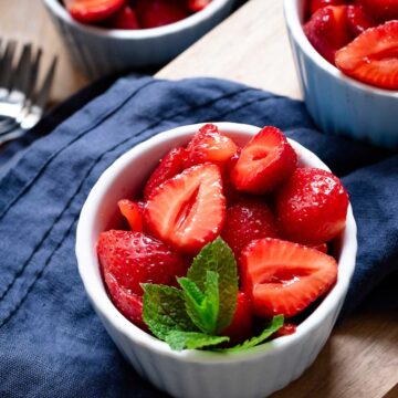 Macerated strawberries close-up view.