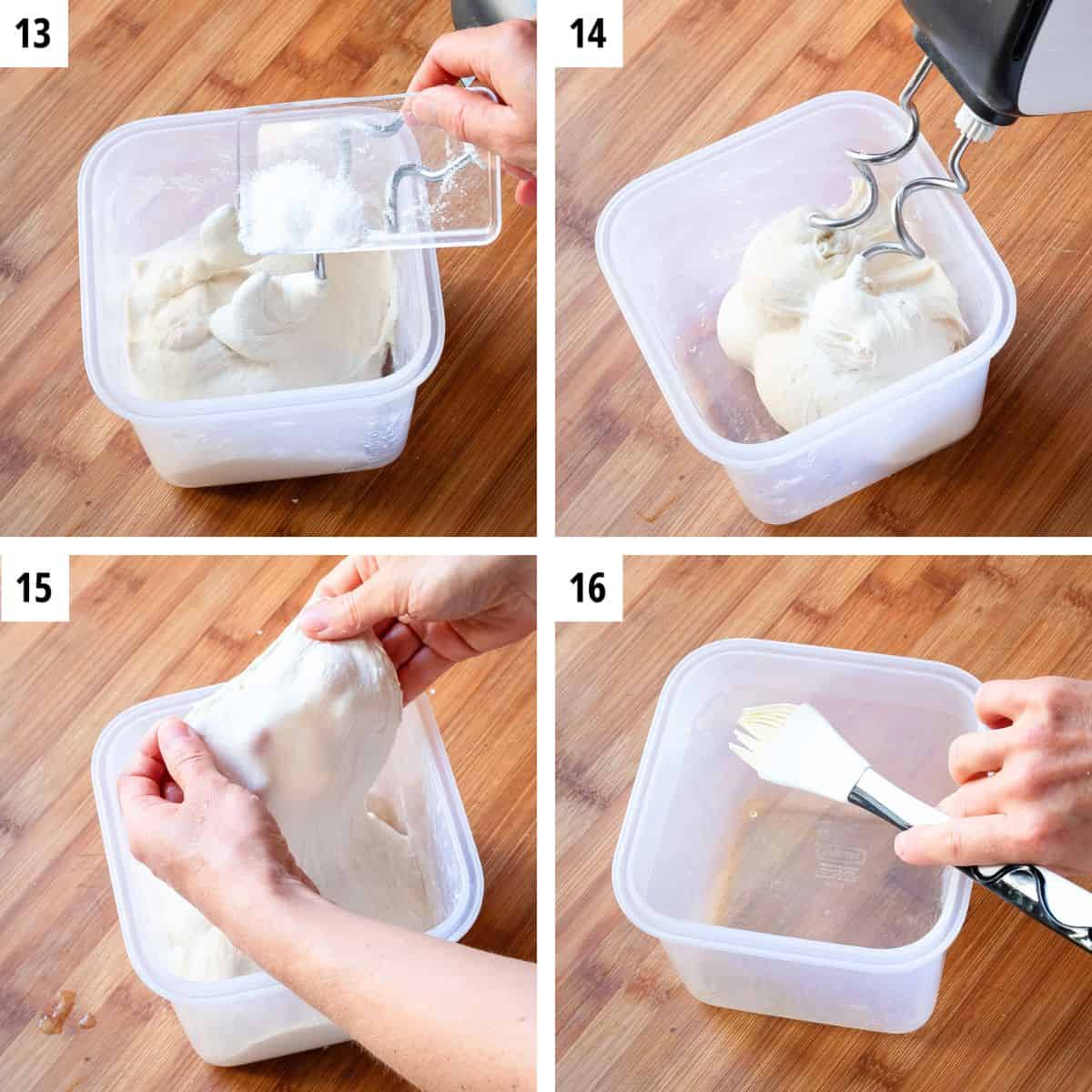 Finishing kneading the dough, doing a windowpane test and oiling the bowl.