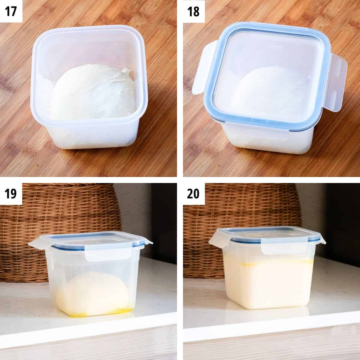 Dough in the container before and after proofing.