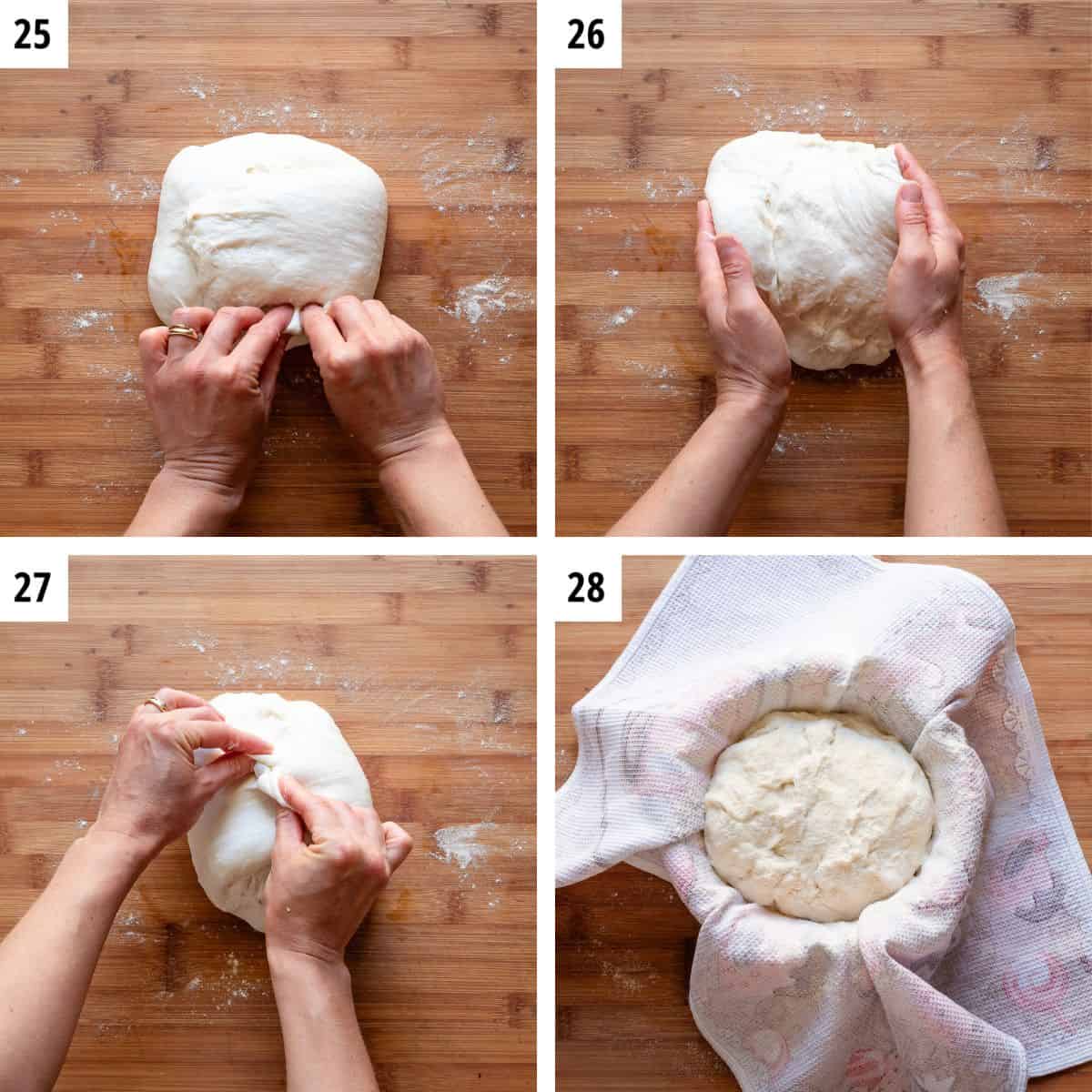 Shaping the dough and placing it in a bread proofing basket.