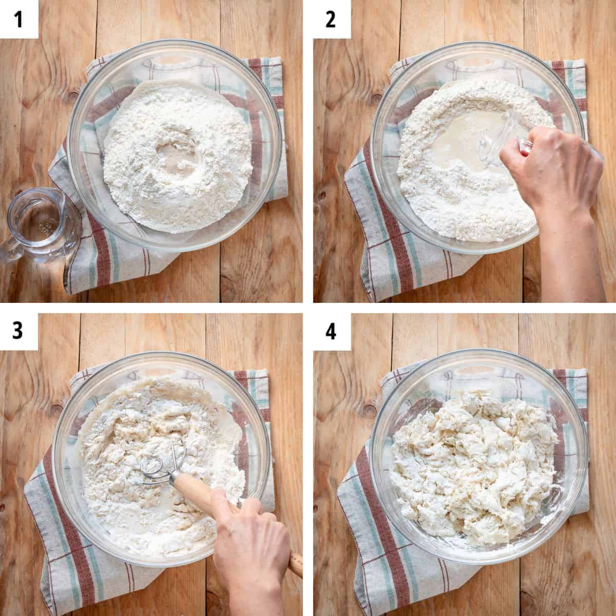 Mixing flour, yeast and water in a bowl.