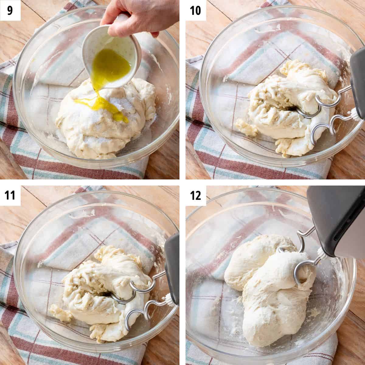 Adding more olive oil to the dough in small batches and kneading with a dough mixer.