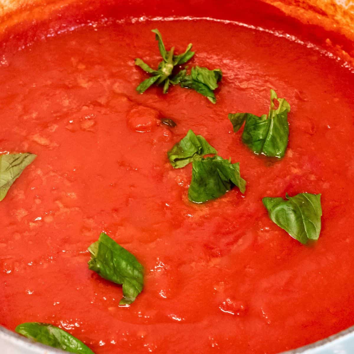 Adding basil leaves to sugo di pomodoro.