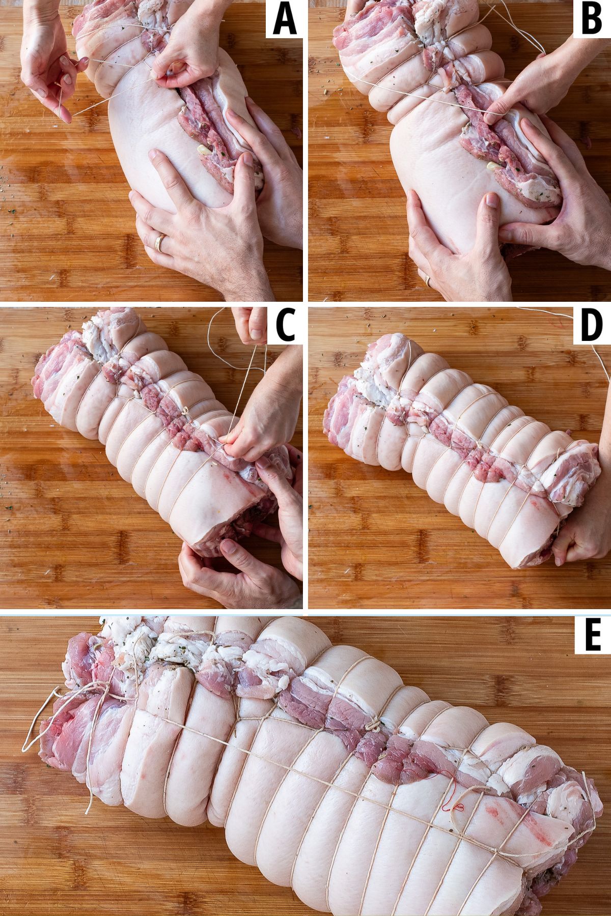 Tying a pork roast with a twine.