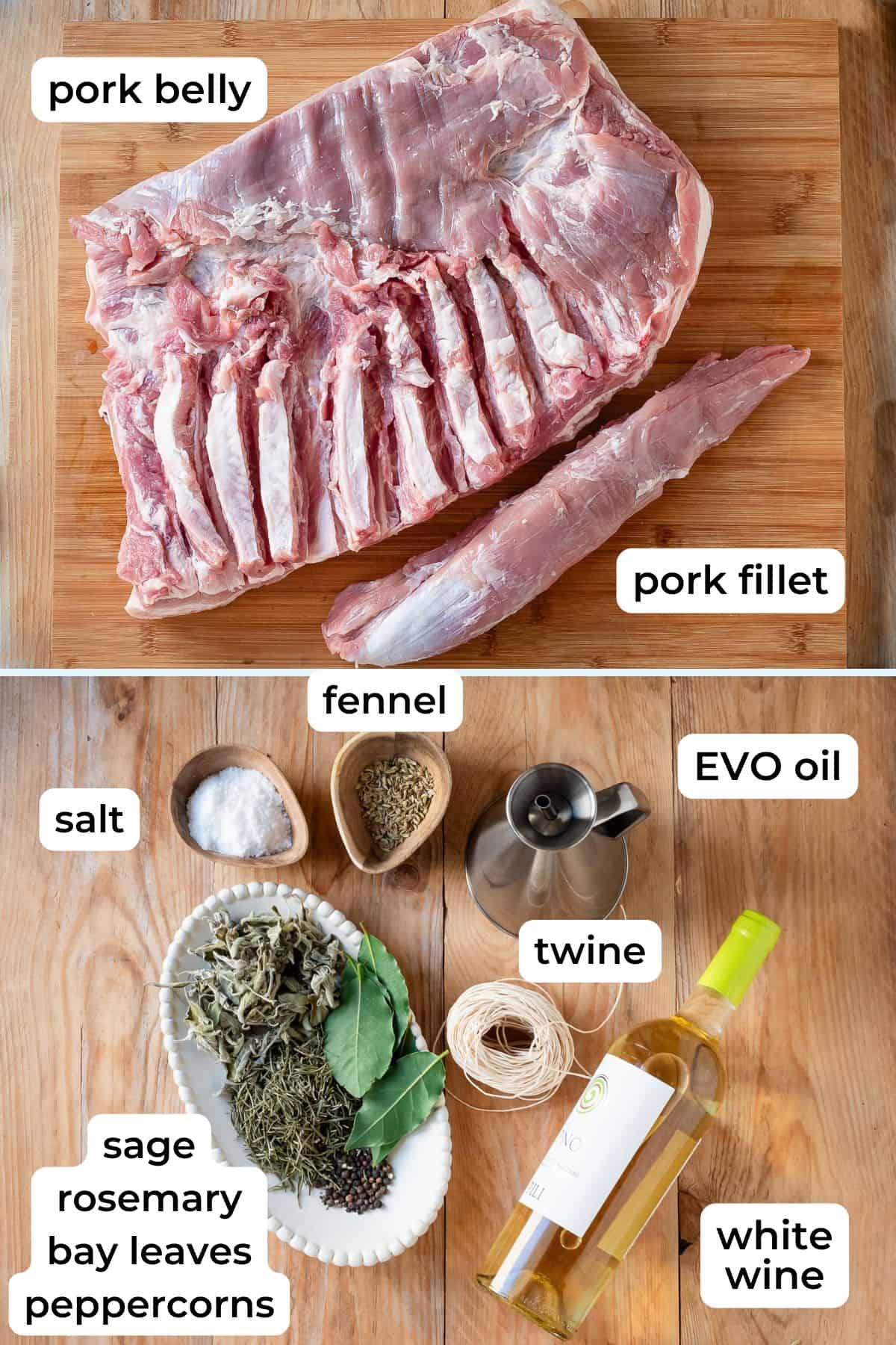 Ingredients needed to make Porchetta Roast laid on a wooden surface.