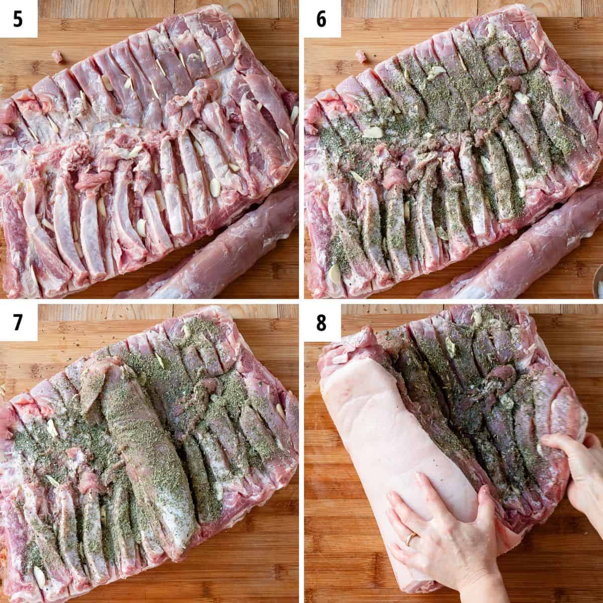 Rubbing pork belly with herbs.