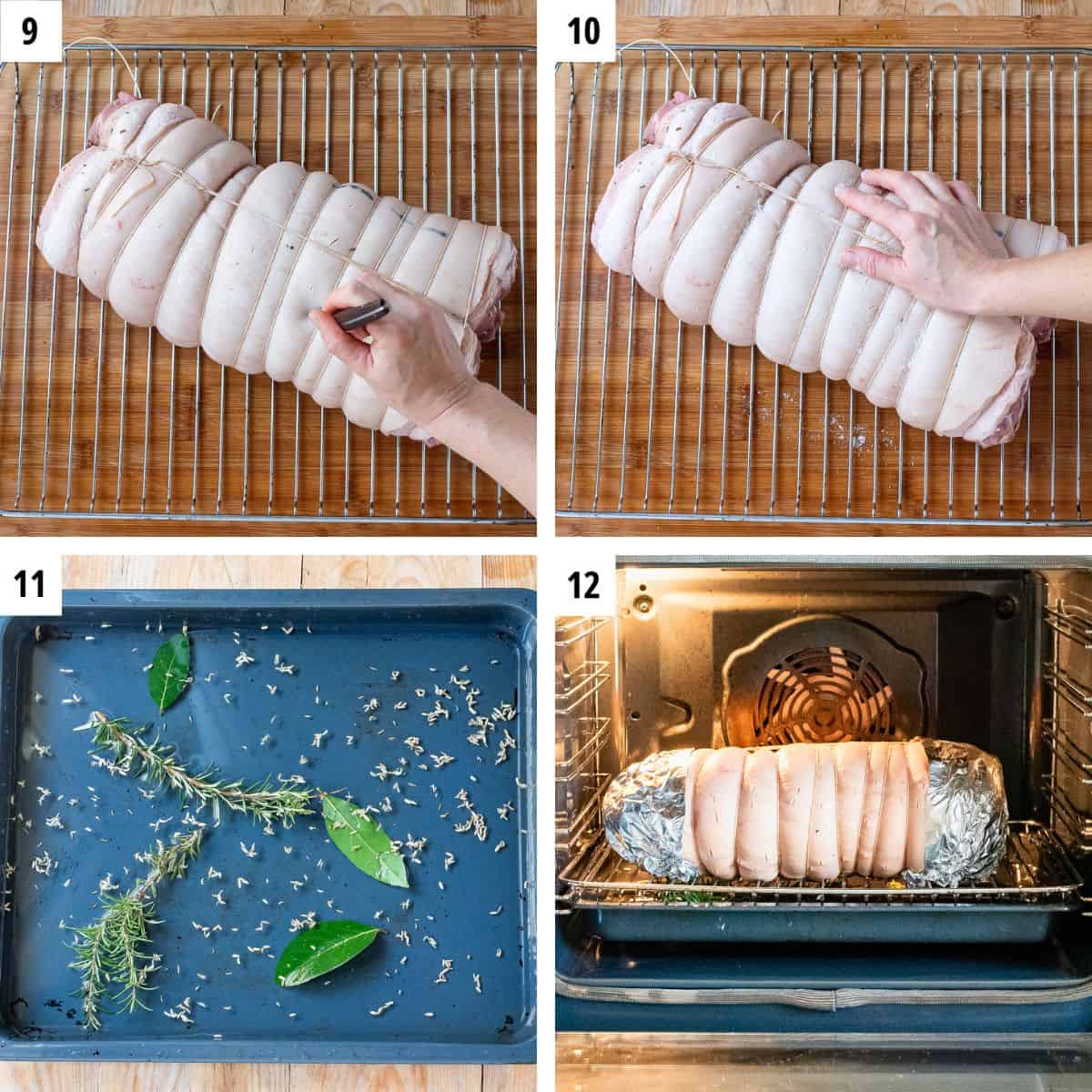 Setting porchetta to cook in the oven.