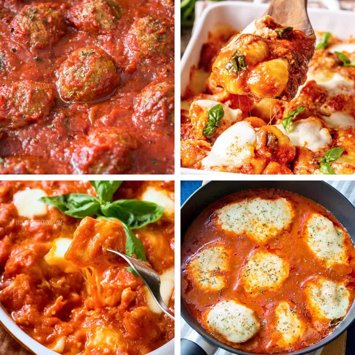 Collage of four recipes using sugo di pomodoro.