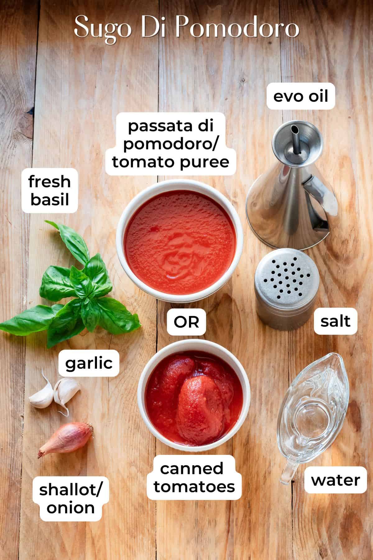 Ingredients needed to make sugo di pomodoro laid on a wooden surface.