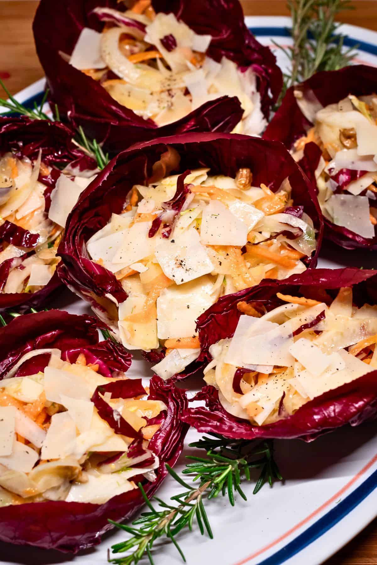 Radicchio salad cups on a serving dish.