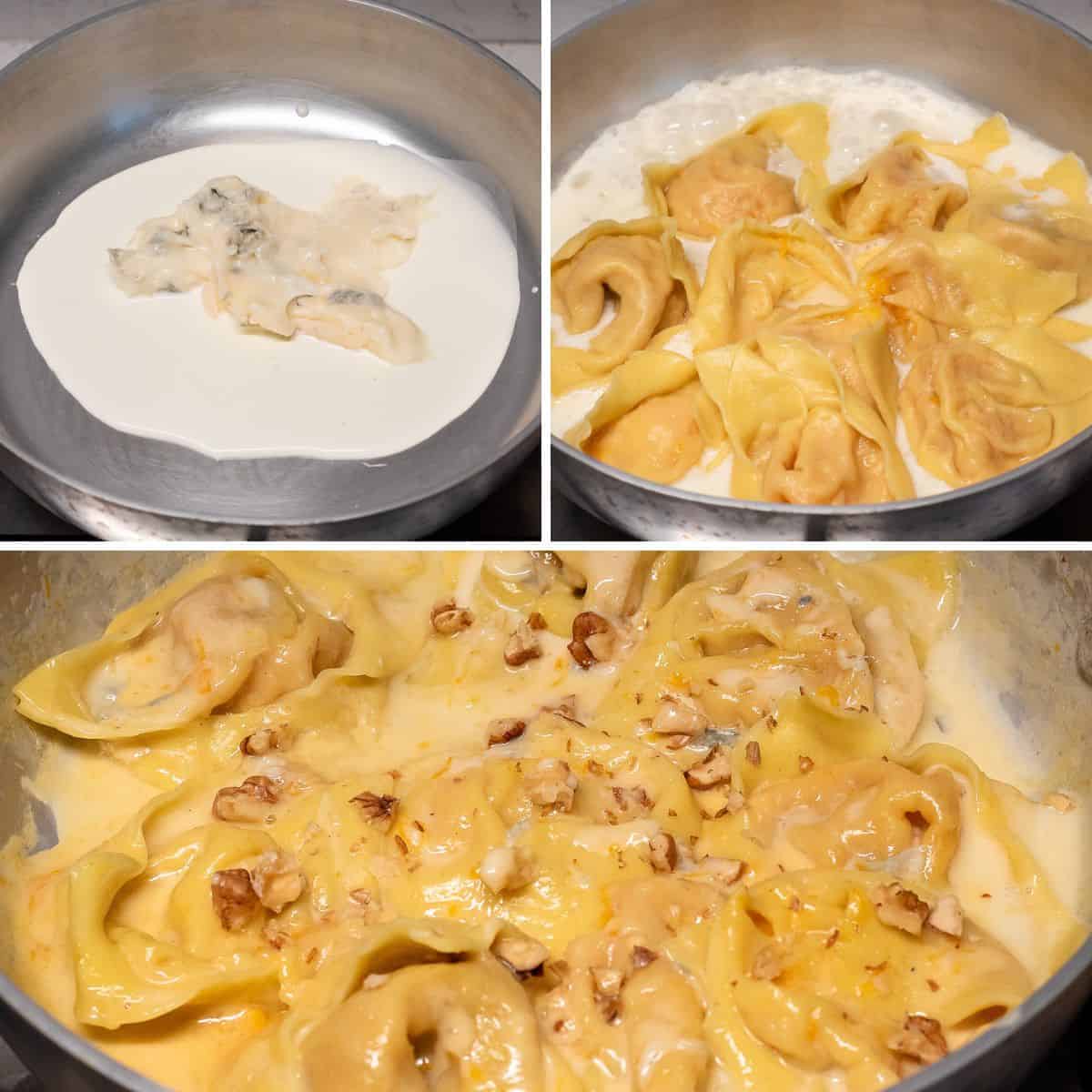 Making gorgonzola cream sauce in a pan.