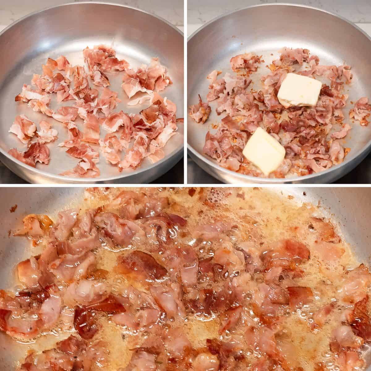 Making prosciutto butter sauce in a pan.