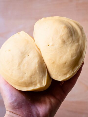 Holding perfect homemade pasta dough in a hand.