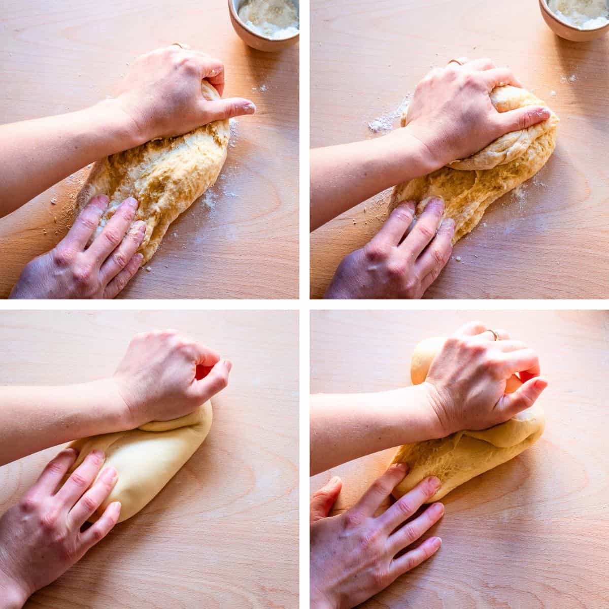 Kneading the dough by pressing and stretching it.