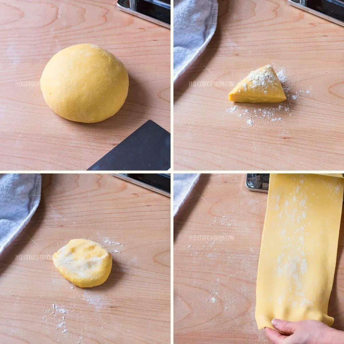 Rolling pasta dough into sheets.